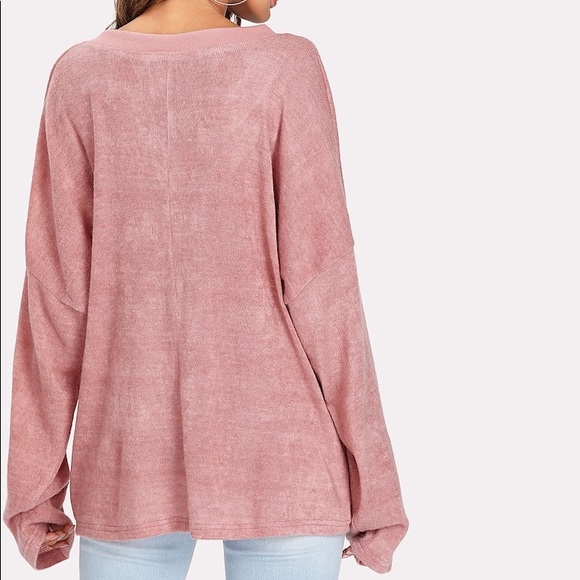 Lace trim v neck sweater pink black - Picture 2 of 3